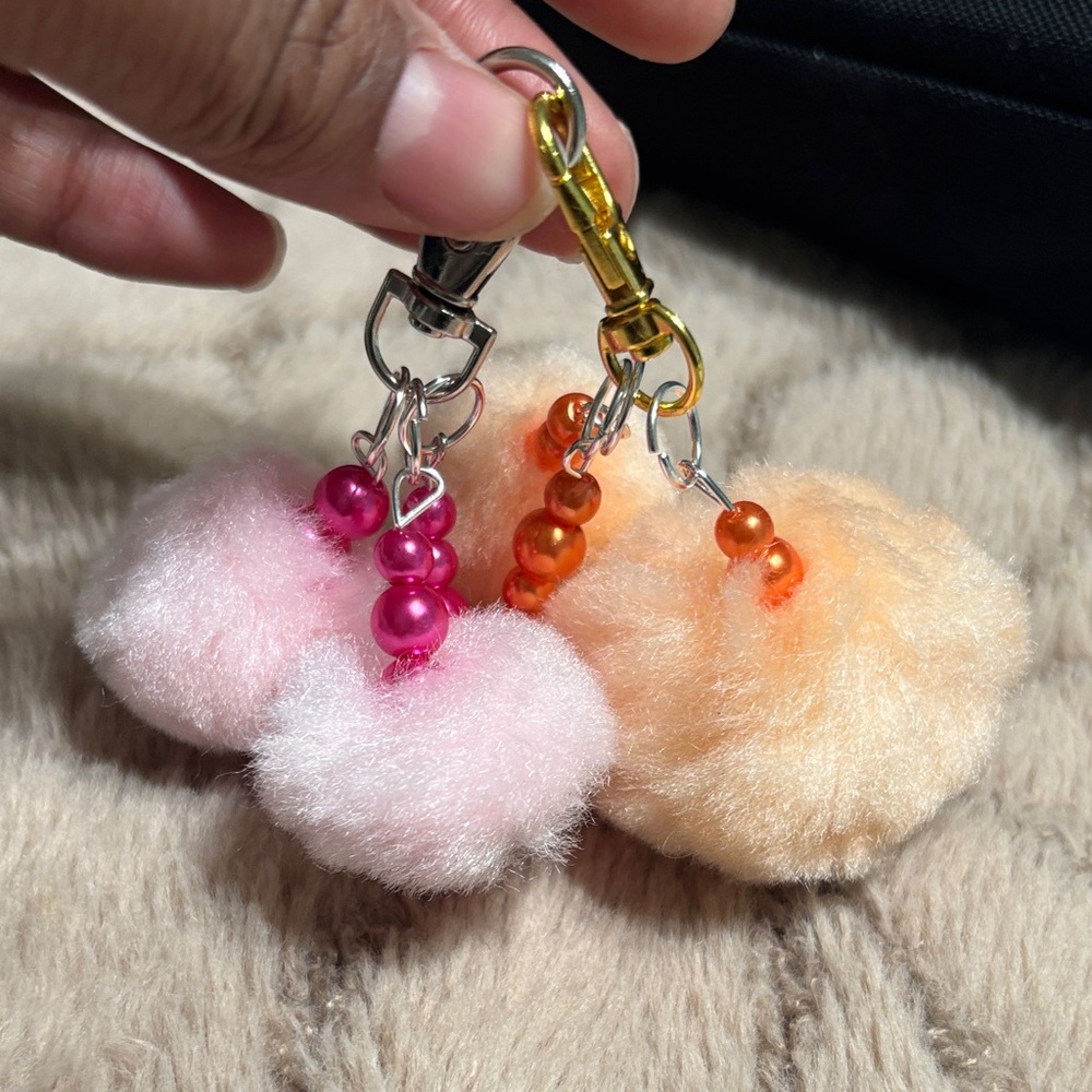 Fluffy Pom Pom Keychain with Beads